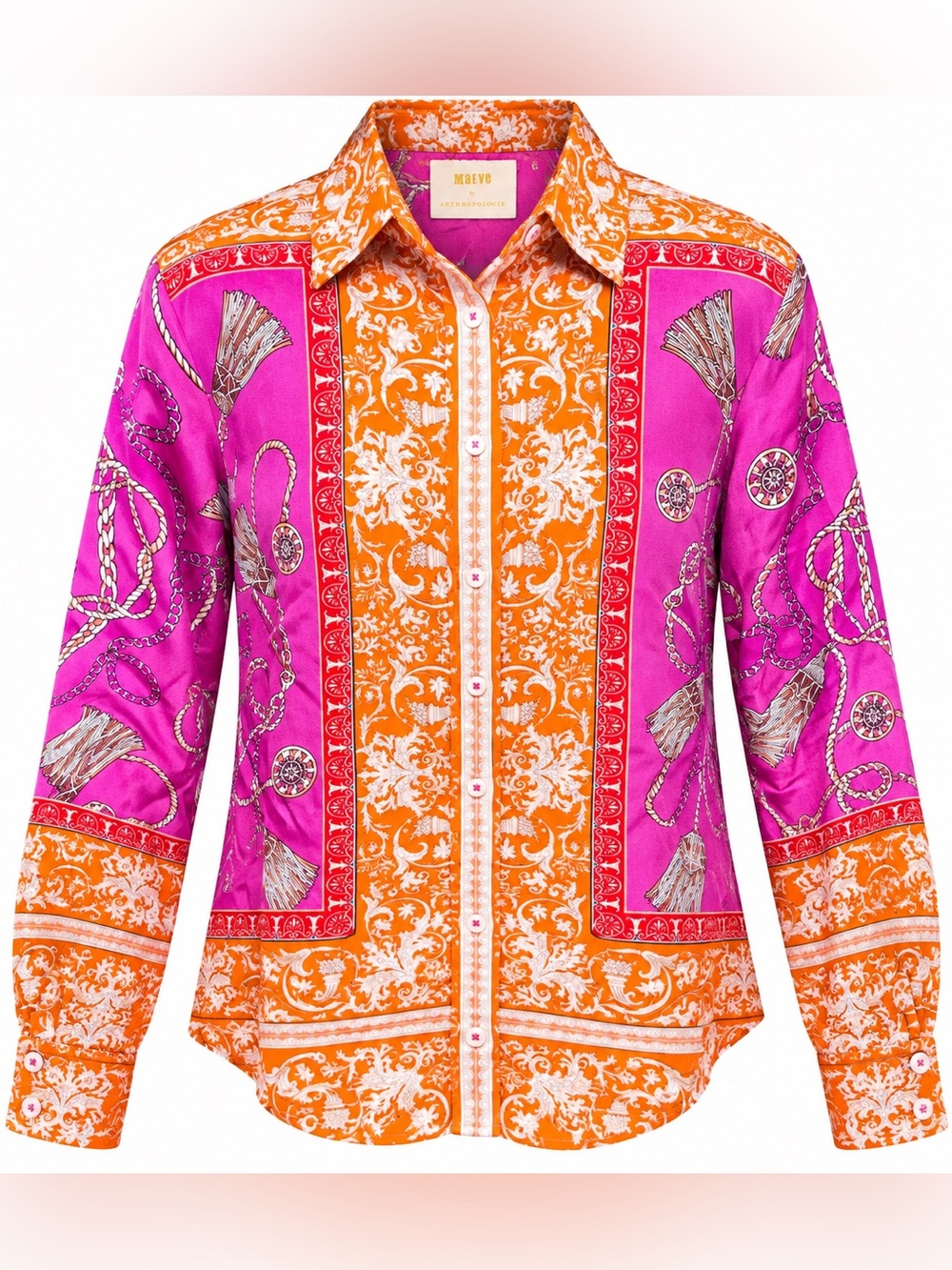 Maeve Anthropologie 100% Silk Scarf Print Baroque Button Down Blouse 10 M Resort